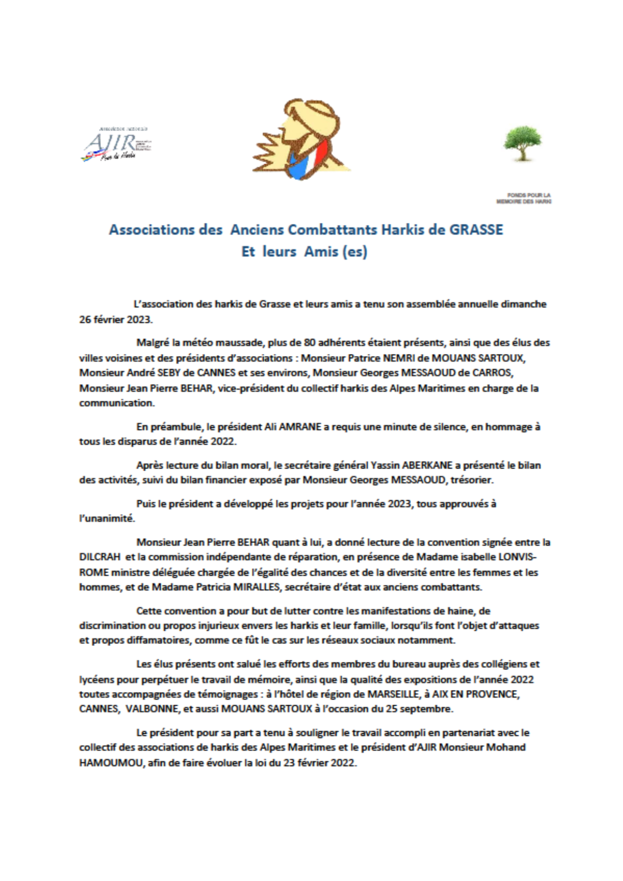 Compte-rendu de l'assemblée générale ordinaire du 26 février 2023.