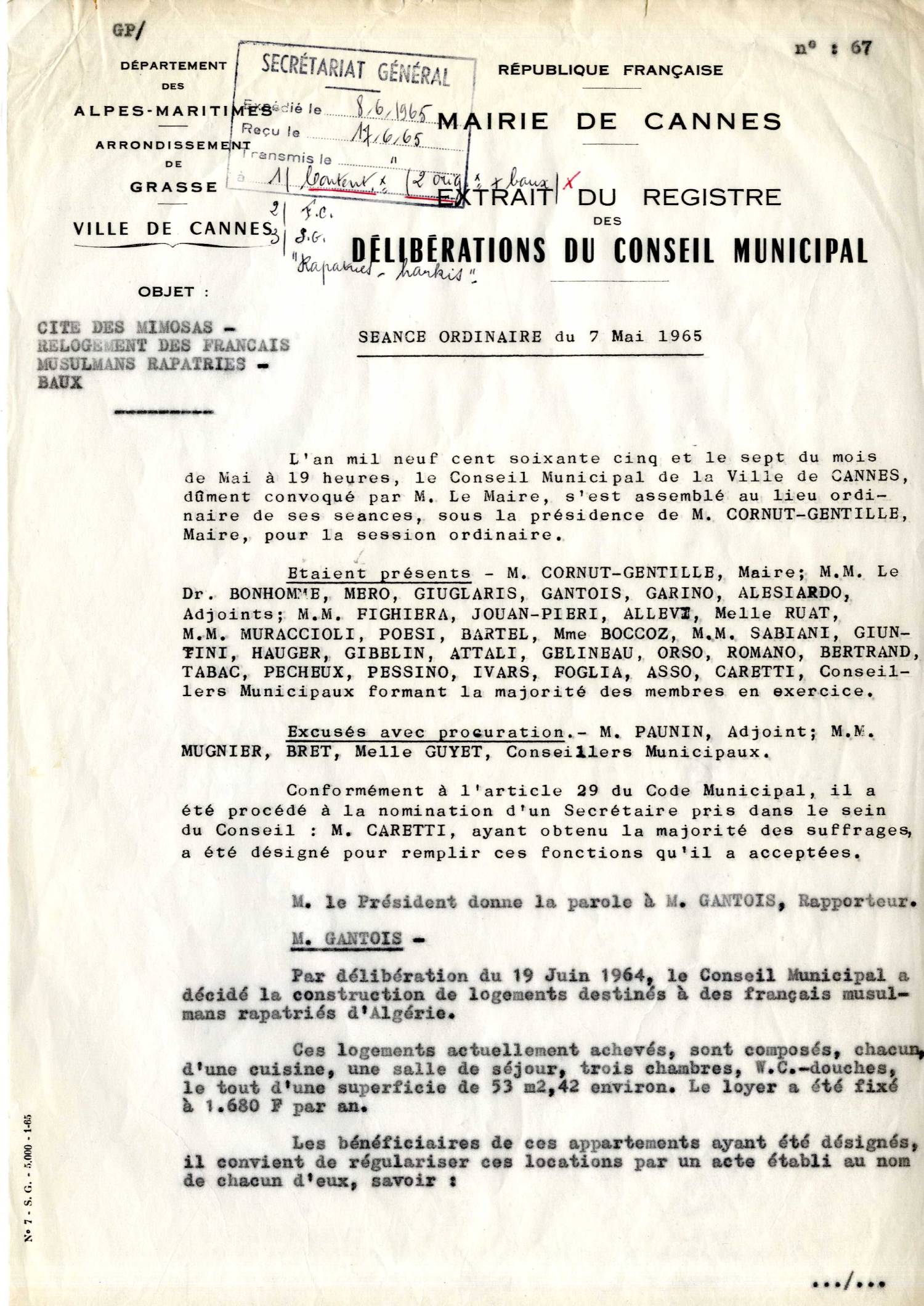 Illustration 14 : cité des Mimosas à cannes, délibérations du conseil municipal, séance du 7 mai 1965 (Archives de Cannes, 235W1) Illustration 14 : cité des Mimosas à cannes, délibérations du conseil municipal, séance du 7 mai 1965 (Archives de Cannes, 235W1)