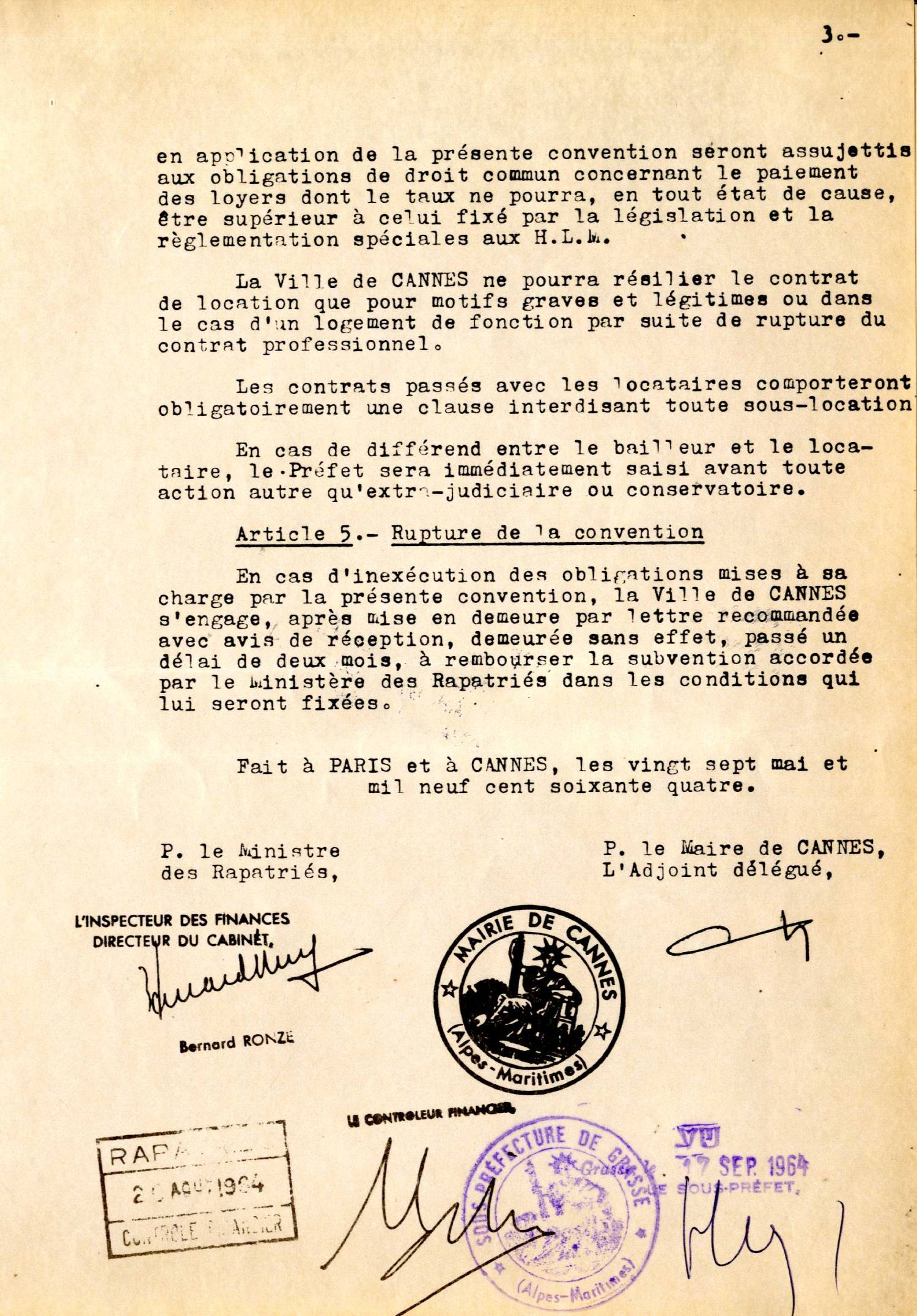 Illustration 6 : cité des Mimosas à Cannes, convention signée entre le ministère des Rapatriés et le député-maire de Cannes, 25 mai 1964 (Archives de Cannes, 235W1) Illustration 6 : cité des Mimosas à Cannes, convention signée entre le ministère des Rapatriés et le député-maire de Cannes, 25 mai 1964 (Archives de Cannes, 235W1)