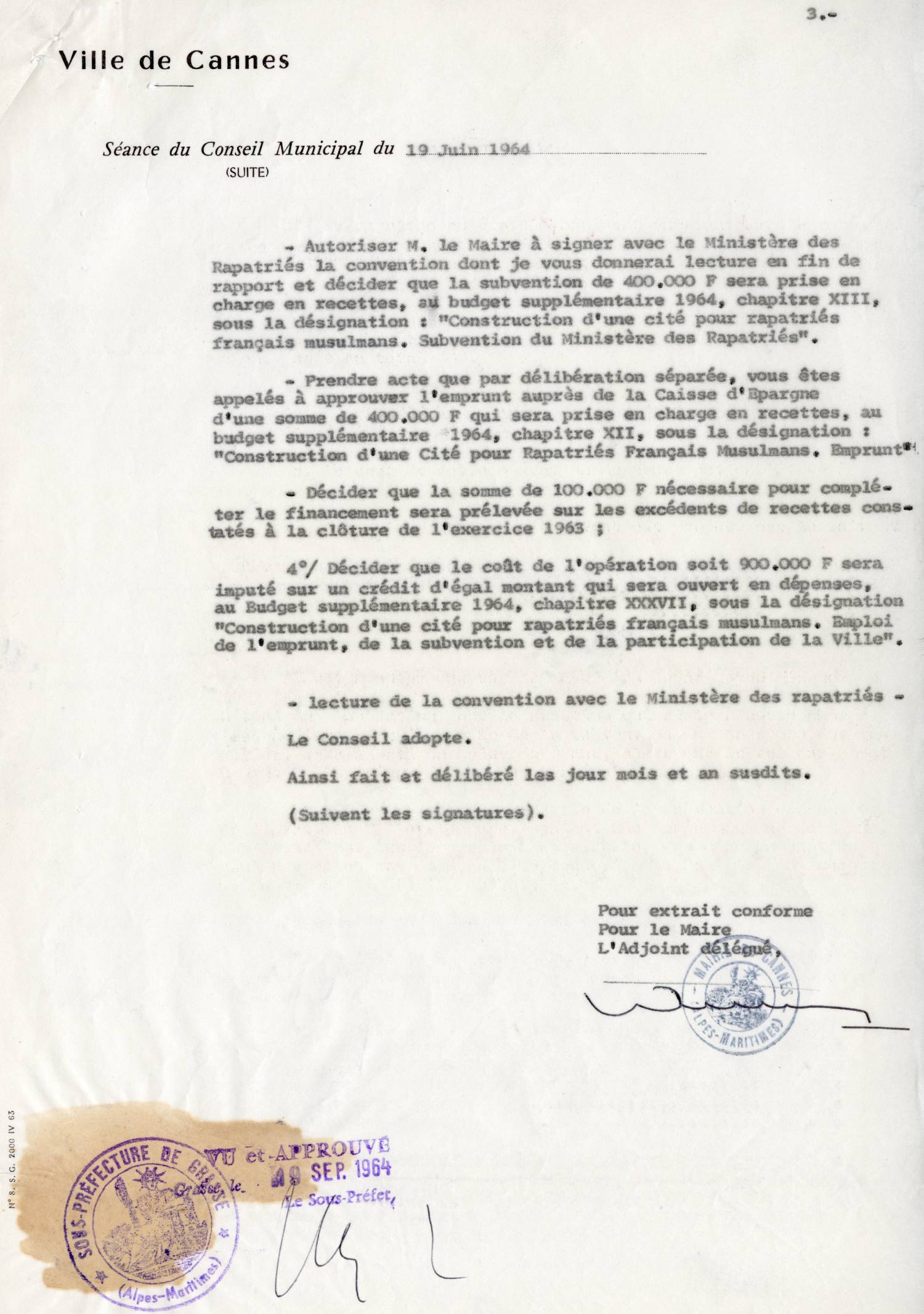 Illustration 9 : accueil des Harkis à Cannes, délibérations du conseil municipal, séance extraordinaire du 19 juin 1964 (Archives de Cannes, 22W238) Illustration 9 : accueil des Harkis à Cannes, délibérations du conseil municipal, séance extraordinaire du 19 juin 1964 (Archives de Cannes, 22W238)