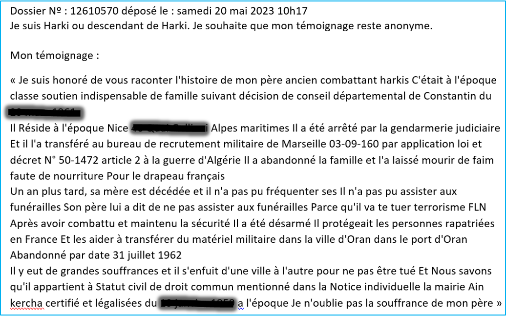 Témoignage n° 12610570, déposé le 20 mai 2023 Témoignage n° 12610570, déposé le 20 mai 2023