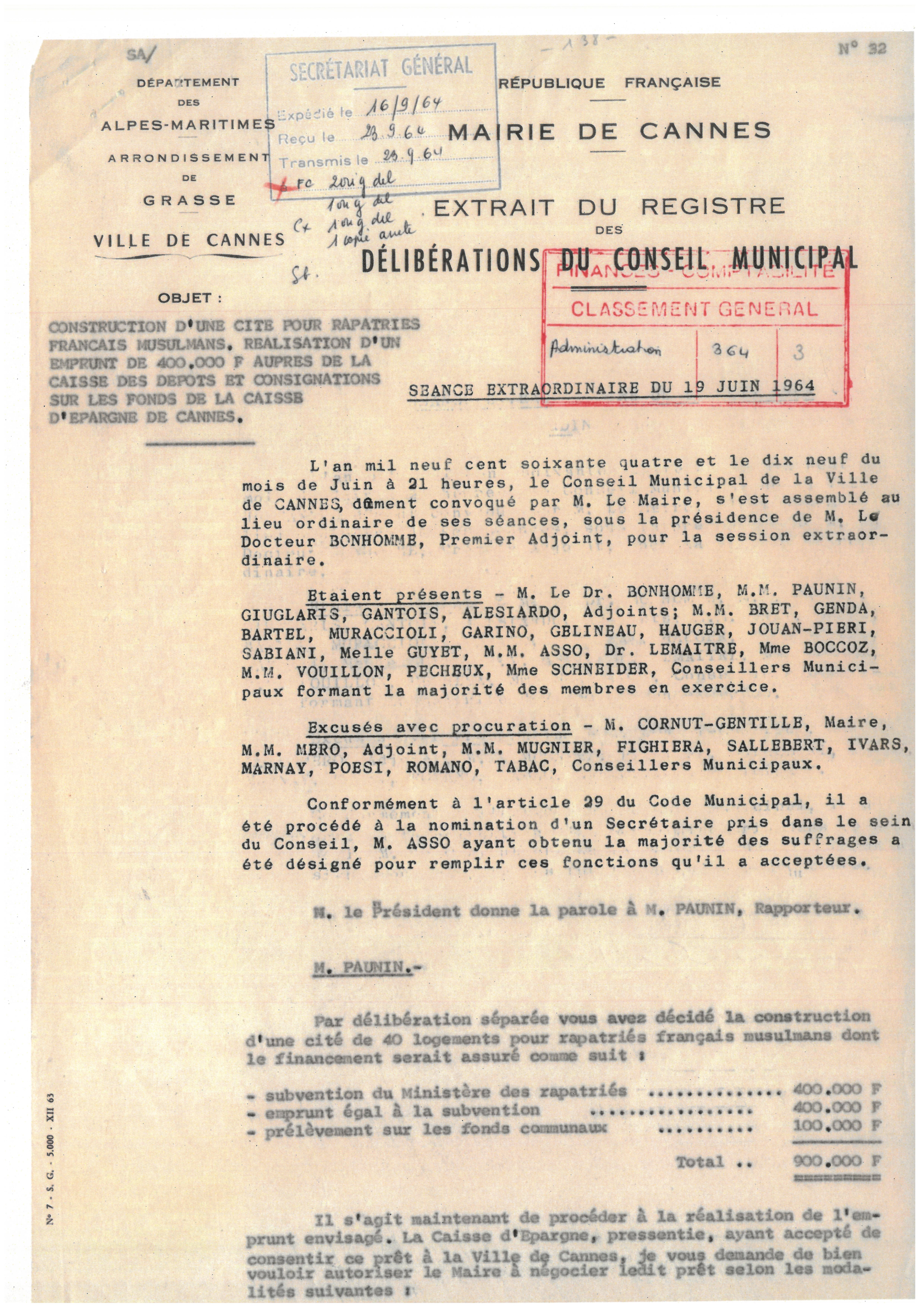 Illustrations 10, p. 1 : accueil des Harkis à Cannes, délibérations du conseil municipal, séance du 19 juin 1964 (Archives de Cannes, 22W238) Illustrations 10, p. 1 : accueil des Harkis à Cannes, délibérations du conseil municipal, séance du 19 juin 1964 (Archives de Cannes, 22W238)