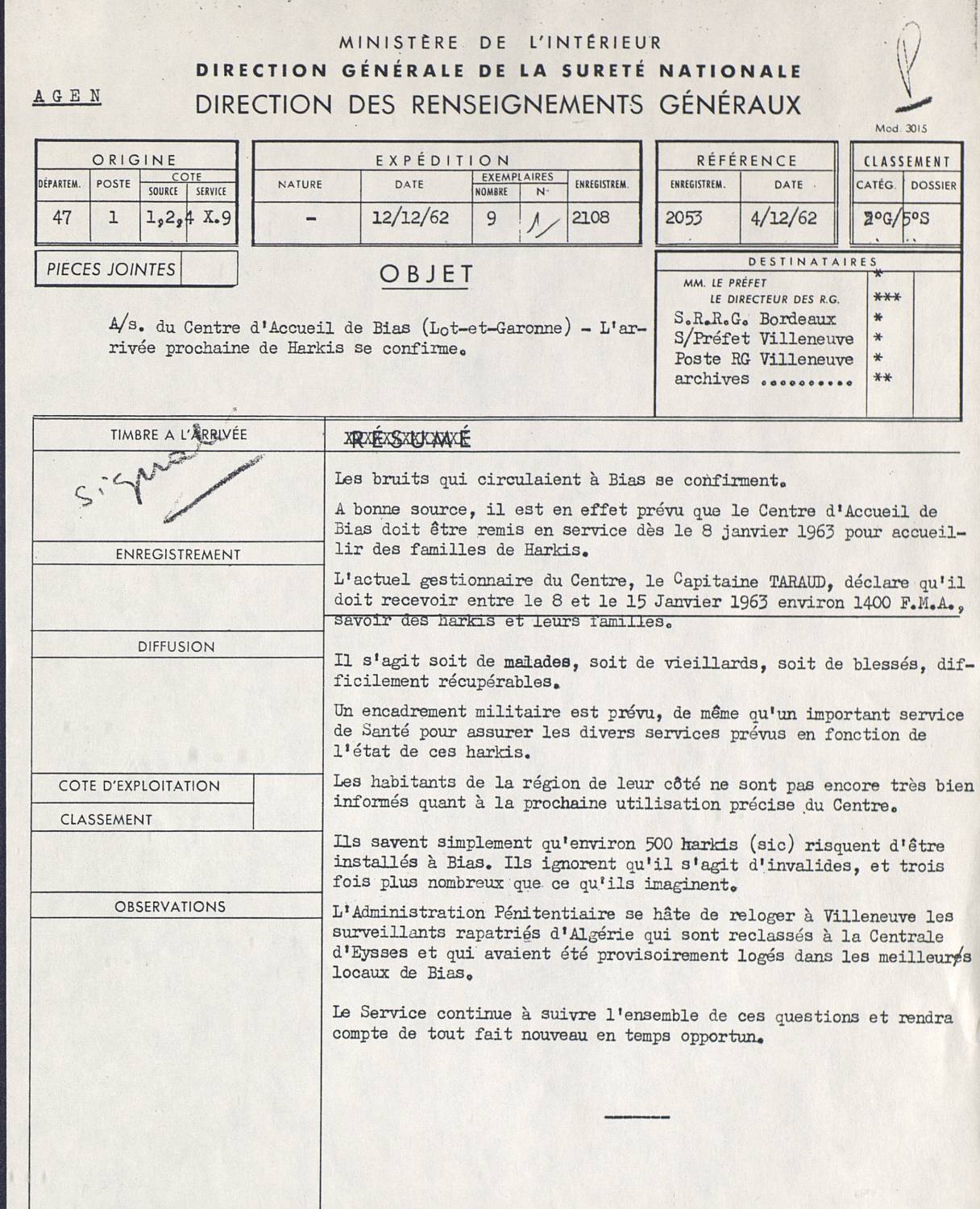 Illustration 2 : note des Renseignements généraux signalant l’arrivée prochaine des Harkis à Bias et l’absence de réactions de la population locale, 4 décembre 1962 Illustration 2 : note des Renseignements généraux signalant l’arrivée prochaine des Harkis à Bias et l’absence de réactions de la population locale, 4 décembre 1962