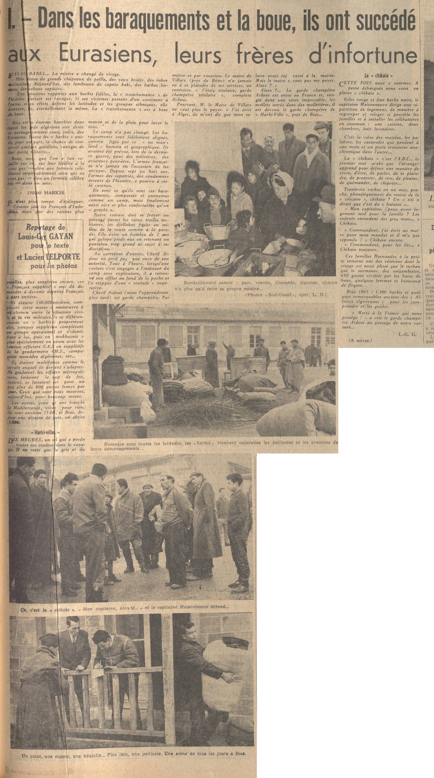 Illustration 5 : dans les baraquements et la boue, ils ont succédé aux Eurasiens, leurs frères d’infortune, Sud-Ouest, 13 février 1963 Illustration 5 : dans les baraquements et la boue, ils ont succédé aux Eurasiens, leurs frères d’infortune, Sud-Ouest, 13 février 1963