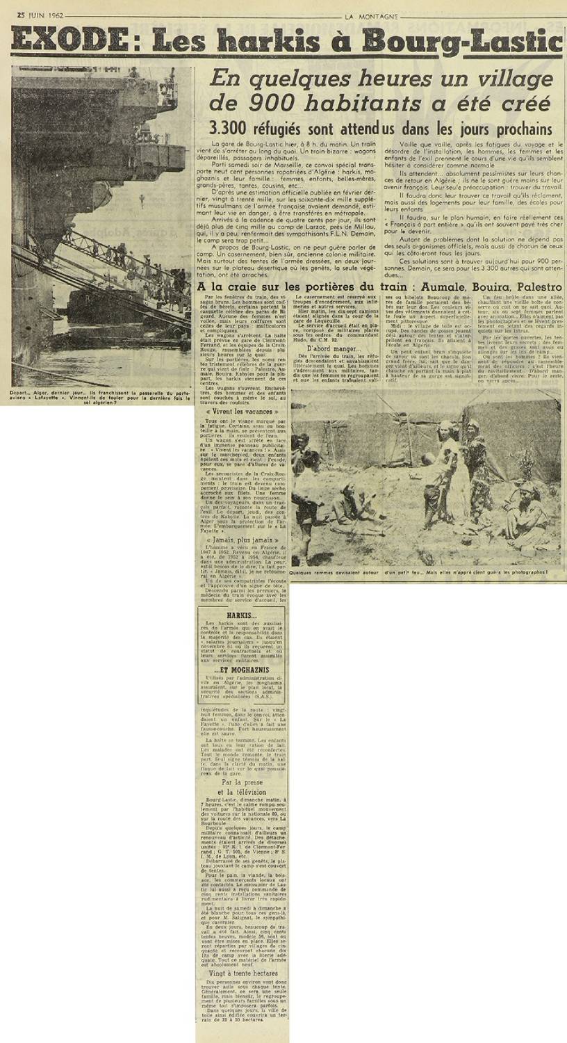 Illustration 2 : exode, les Harkis à Bourg-Lastic, La Montagne, 25 juin 1962 (Archives du Puy-de-Dôme, 5BIB2) Illustration 2 : exode, les Harkis à Bourg-Lastic, La Montagne, 25 juin 1962 (Archives du Puy-de-Dôme, 5BIB2)