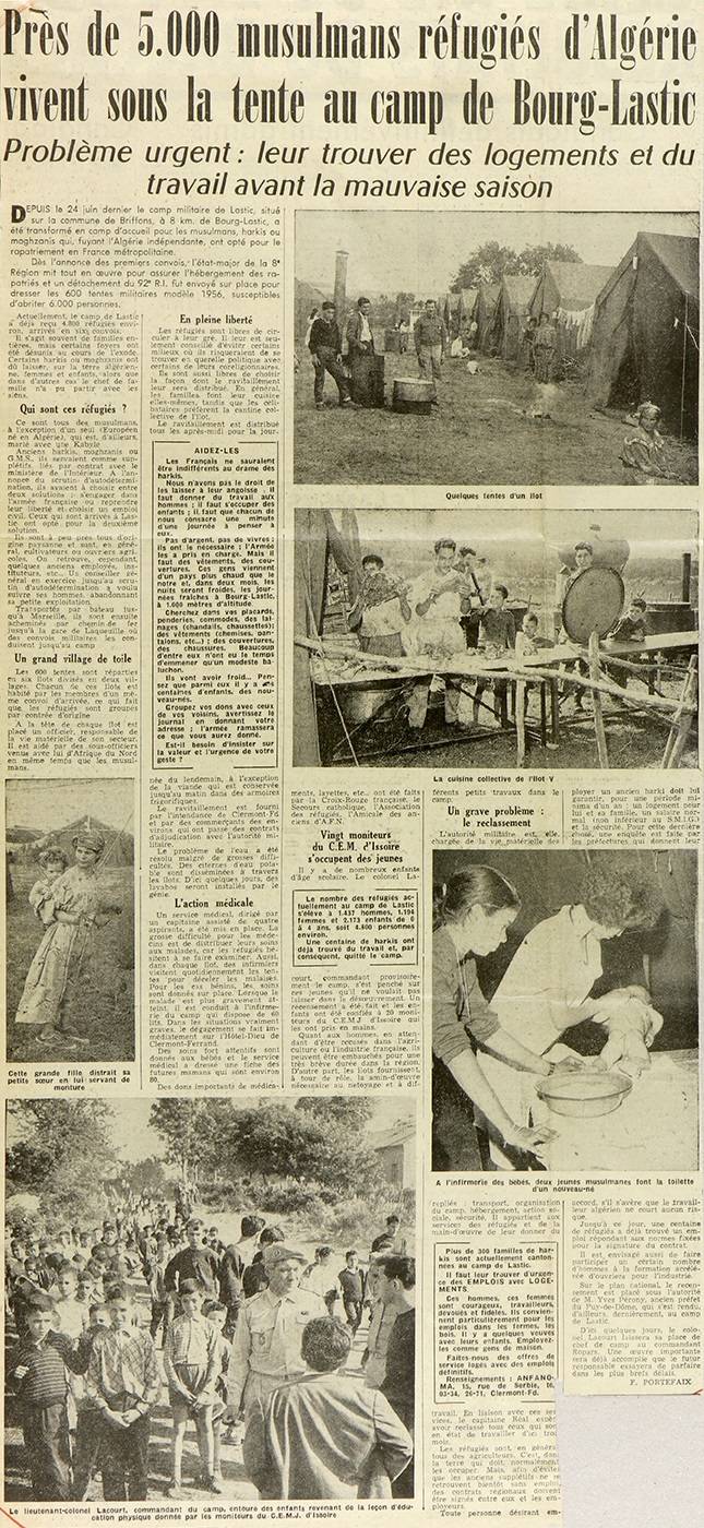 Illustration 3 : près de 5 000 musulmans repliés d’Algérie vivent sous la tente au camp de Bourg-Lastic, extrait de presse d’origine inconnue, juillet 1962 (Archives du Puy-de-Dôme, 414W) Illustration 3 : près de 5 000 musulmans repliés d’Algérie vivent sous la tente au camp de Bourg-Lastic, extrait de presse d’origine inconnue, juillet 1962 (Archives du Puy-de-Dôme, 414W)