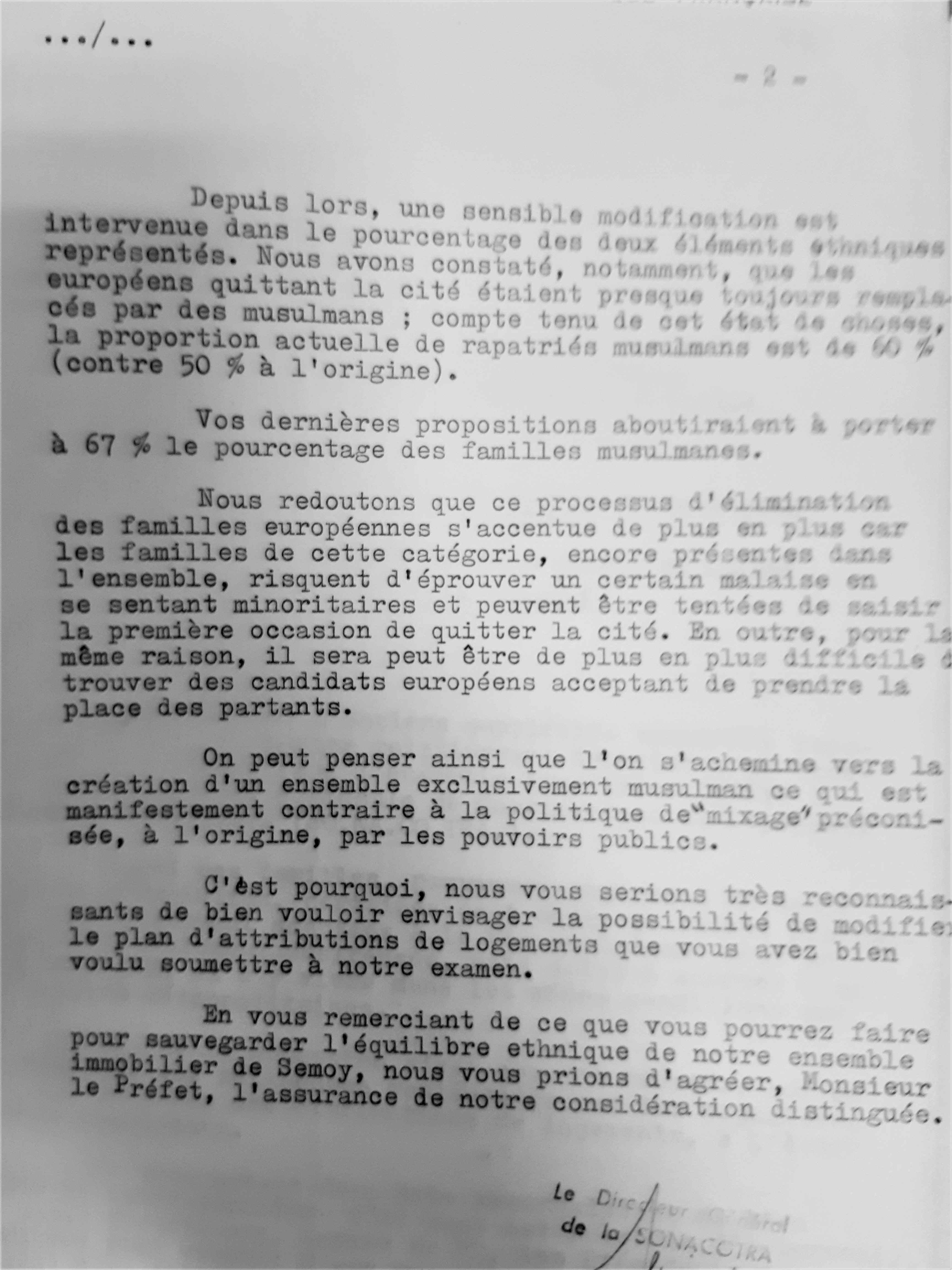 Extrait d'un courrier de la SONACOTRA relatif à la mixité religieuse au sein de la cité de l'Erveline @SONACOTRA - Source CHAOUAOU