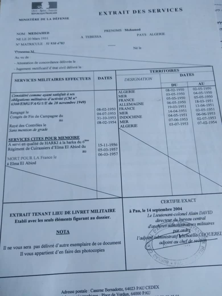 Extrait des services tenant lieu de livret militaire de Mohamed ben Ali MEDJAHED MORT POUR LA FRANCE à El-Ma-El-Abiod Extrait des services tenant lieu de livret militaire de Mohamed ben Ali MEDJAHED MORT POUR LA FRANCE à El-Ma-El-Abiod