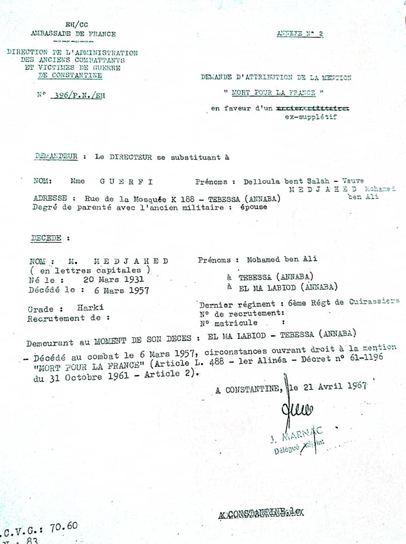 Attribution de la mention "MORT POUR LA FRANCE" au Harki Mohamed ben Ali MEDJAHED Attribution de la mention "MORT POUR LA FRANCE" au Harki Mohamed ben Ali MEDJAHED