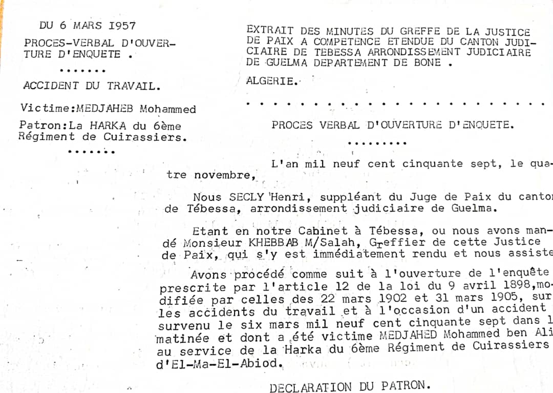 Procès verbal d'ouverture d'enquête suite au décès du Harki Mohamed ben Ali MEDJAHED au service de la Harka du 6e Régiment de Cuirassiers d'El-Ma-El-Abiod Procès verbal d'ouverture d'enquête suite au décès du Harki Mohamed ben Ali MEDJAHED au service de la Harka du 6e Régiment de Cuirassiers d'El-Ma-El-Abiod