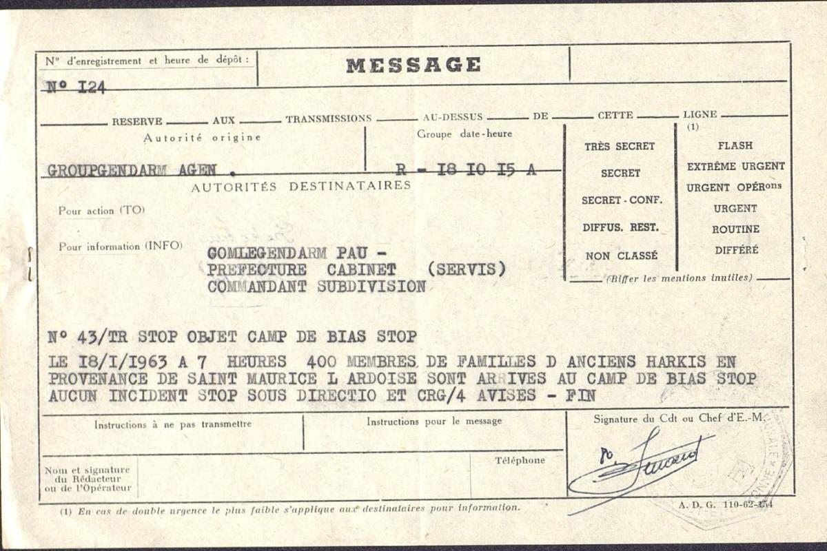 Illustration 4 : message de la gendarmerie d’Agen signalant l’arrivée à Bias de 400 familles provenant du camp de Saint-Maurice-l’Ardoise, 18 janvier 1963 Illustration 4 : message de la gendarmerie d’Agen signalant l’arrivée à Bias de 400 familles provenant du camp de Saint-Maurice-l’Ardoise, 18 janvier 1963