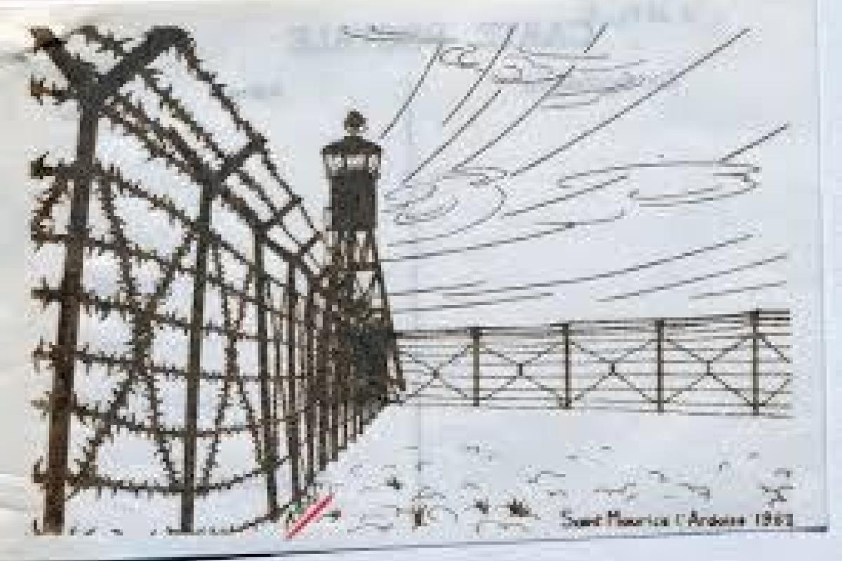 Dessin crayonné de l'enceinte du camp de Saint-Maurice-l'Ardoise, vu de la clôture barbelée et d'un mirador (1962) @Adel Haraka/source Abdelhamid TOUALBIA