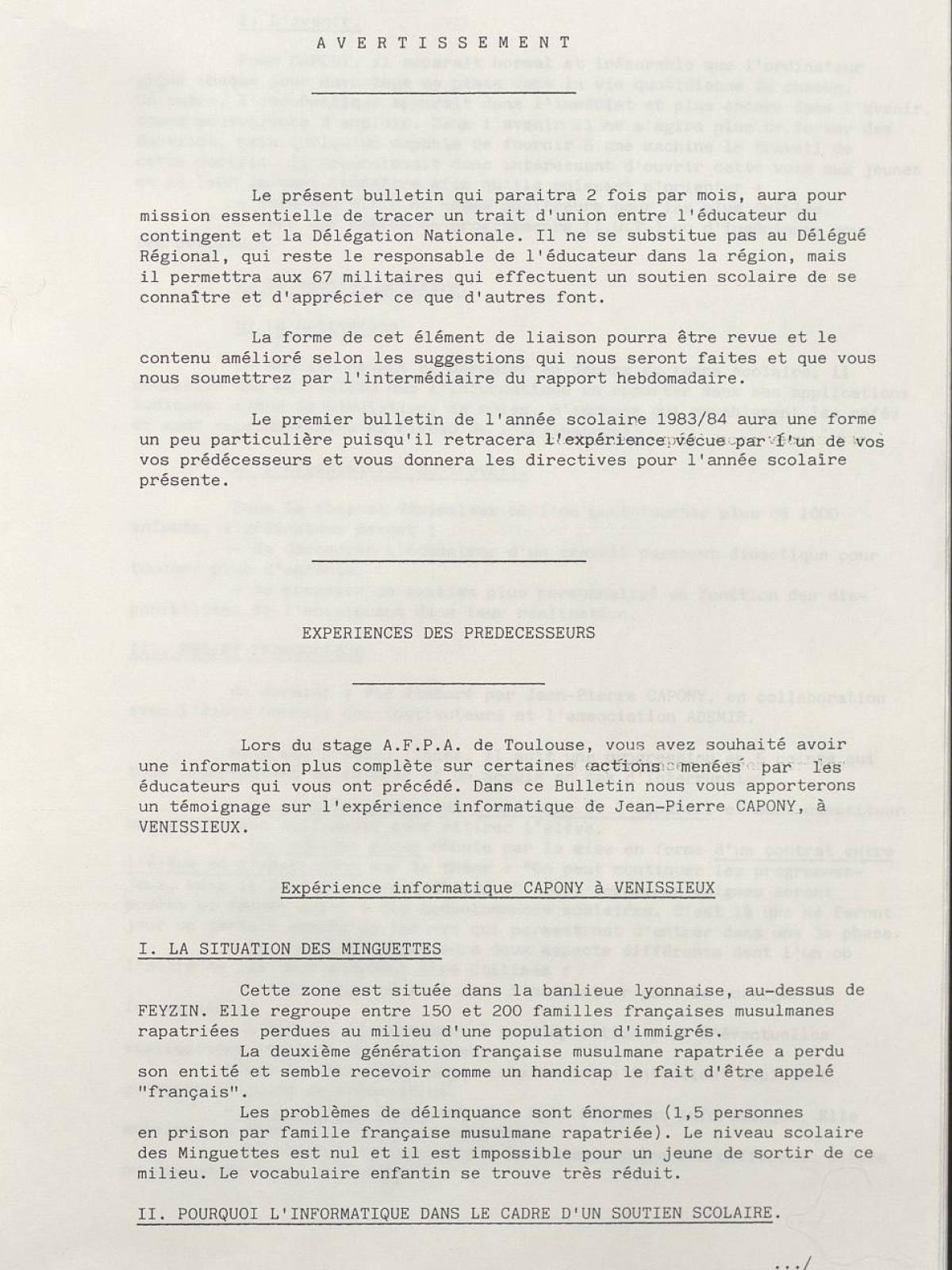 Illustration 1 : Bulletin de liaison des éducateurs (BLÉ) n°1, 15 septembre 1983 (Archives nationales, 19870444/8) Illustration 1 : Bulletin de liaison des éducateurs (BLÉ) n°1, 15 septembre 1983 (Archives nationales, 19870444/8)