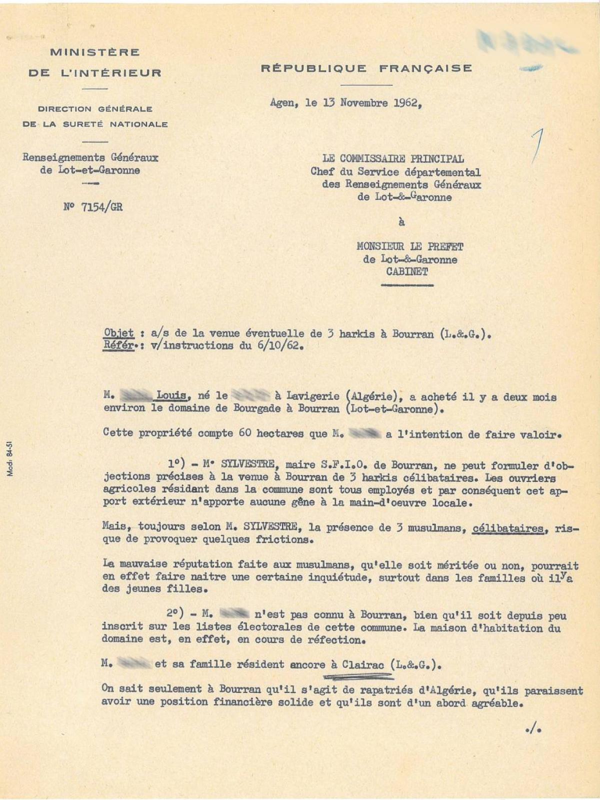 Illustration 14 : note des Renseignements généraux du Lot-et-Garonne destinée au préfet sur l’emploi de trois Harkis dans une exploitation agricole locale, 13 novembre 1962 Illustration 14 : note des Renseignements généraux du Lot-et-Garonne destinée au préfet sur l’emploi de trois Harkis dans une exploitation agricole locale, 13 novembre 1962