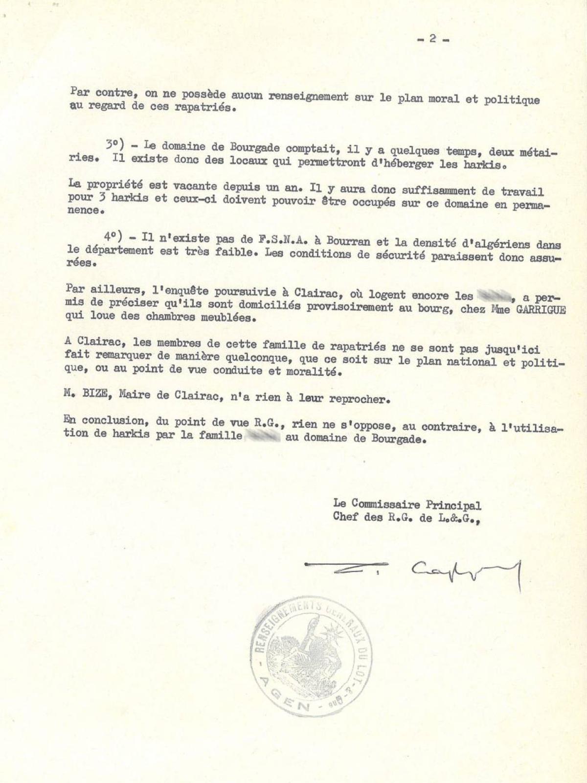Illustration 15 : note des Renseignements généraux du Lot-et-Garonne destinée au préfet sur l’emploi de trois Harkis dans une exploitation agricole locale, 13 novembre 1962 Illustration 15 : note des Renseignements généraux du Lot-et-Garonne destinée au préfet sur l’emploi de trois Harkis dans une exploitation agricole locale, 13 novembre 1962
