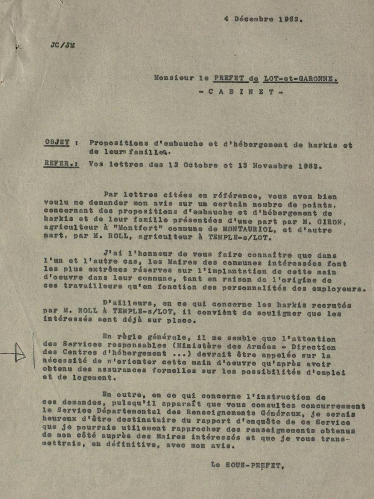 Illustration 12 : note du sous-préfet de Villeneuve-sur-Lot relative à l’embauche et l’hébergement de Harkis et de leurs familles par des agriculteurs, 4 décembre 1962 Illustration 12 : note du sous-préfet de Villeneuve-sur-Lot relative à l’embauche et l’hébergement de Harkis et de leurs familles par des agriculteurs, 4 décembre 1962