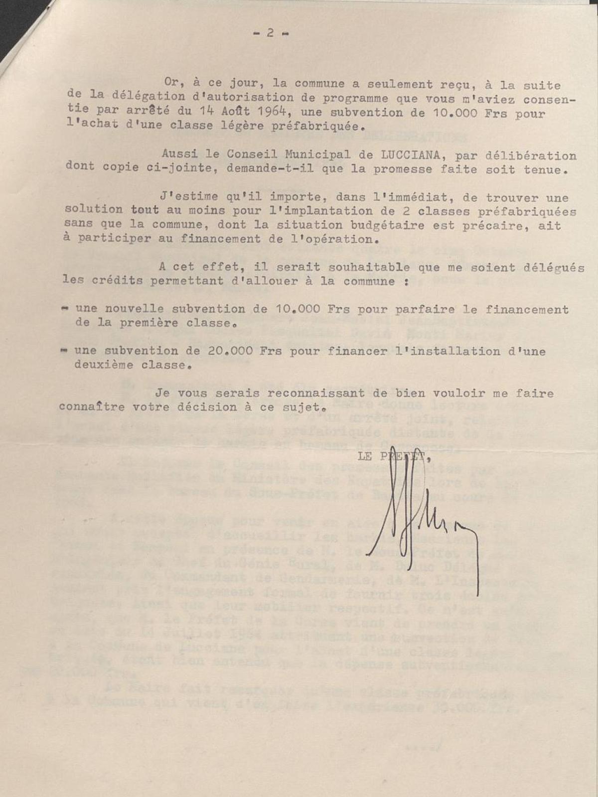 Illustration 11 : lettre du préfet de la Corse au ministère de l’Éducation nationale relative à l’achat de classes préfabriquées pour les enfants de Harkis de Casamozza, 28 décembre 1964 (Archives nationales, 1977074/3) Illustration 11 : lettre du préfet de la Corse au ministère de l’Éducation nationale relative à l’achat de classes préfabriquées pour les enfants de Harkis de Casamozza, 28 décembre 1964 (Archives nationales, 1977074/3)