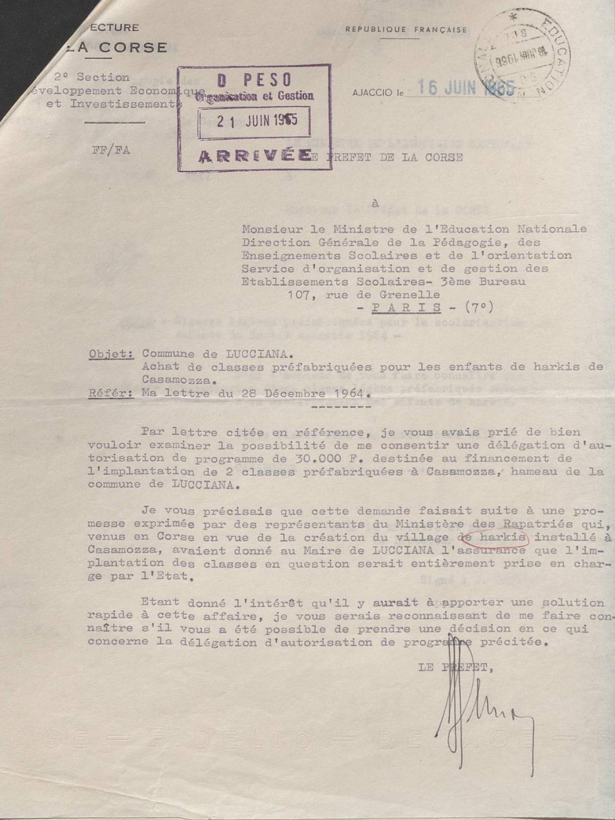 Illustration 13 : lettre du préfet de la Corse au ministre de l’Éducation nationale relative à l’achat de classes préfabriquées pour les enfants de Harkis de Casamozza, 16 juin 1965 (Archives nationales, 1977074/3) Illustration 13 : lettre du préfet de la Corse au ministre de l’Éducation nationale relative à l’achat de classes préfabriquées pour les enfants de Harkis de Casamozza, 16 juin 1965 (Archives nationales, 1977074/3)