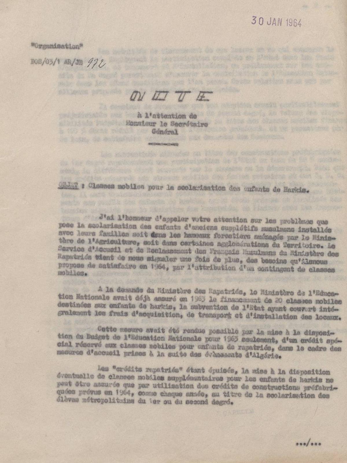 Illustration 16 : note du ministère de l’Éducation nationale relative aux classes mobiles pour la scolarisation des enfants de Harkis, 30 janvier 1964 (Archives nationales, 1977074/3) Illustration 16 : note du ministère de l’Éducation nationale relative aux classes mobiles pour la scolarisation des enfants de Harkis, 30 janvier 1964 (Archives nationales, 1977074/3)