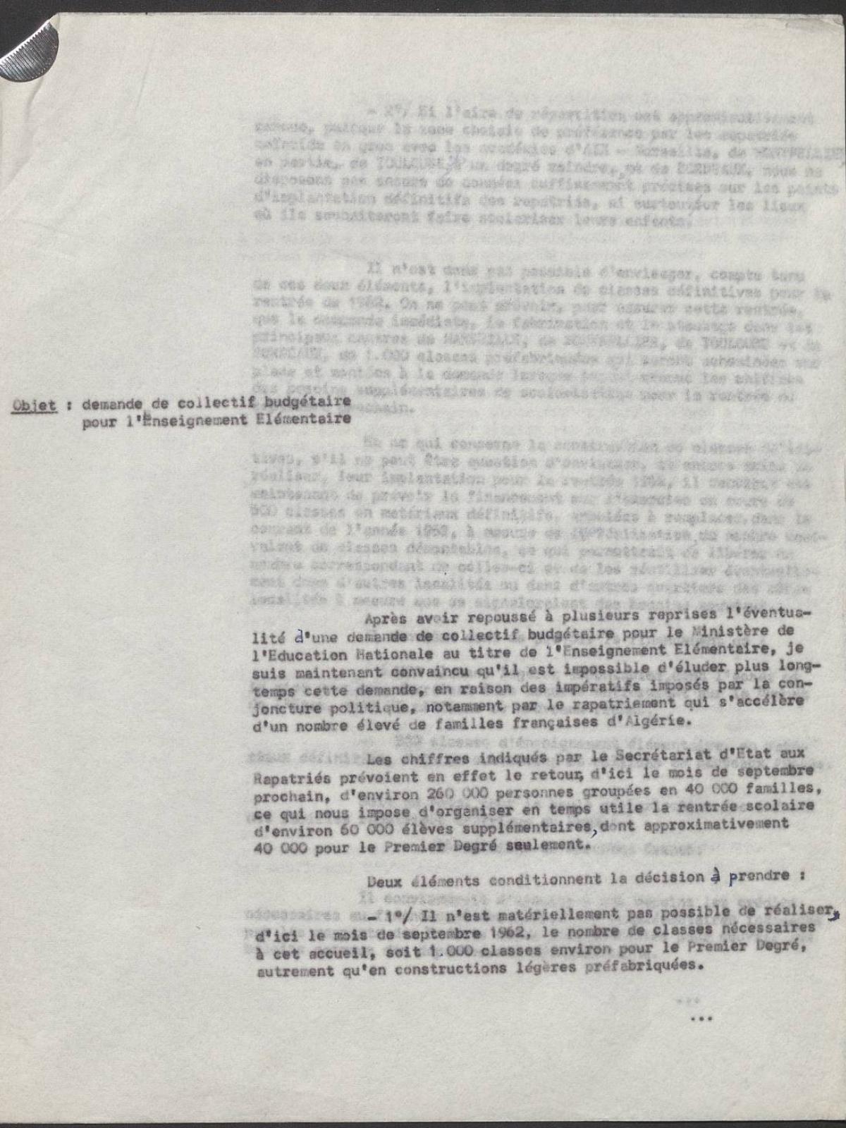 Illustration 2 : note du ministère de l’Éducation nationale relative à l’arrivée des rapatriés d’Algérie, 1962 (Archives nationales, 1977074/1) Illustration 2 : note du ministère de l’Éducation nationale relative à l’arrivée des rapatriés d’Algérie, 1962 (Archives nationales, 1977074/1)