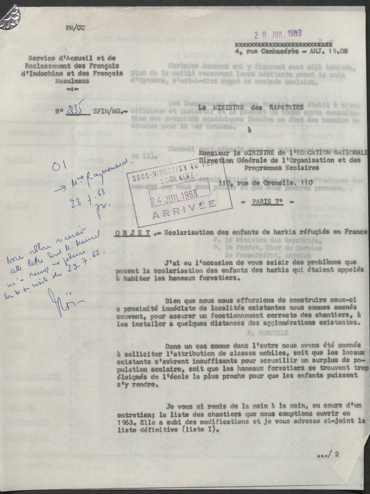 Illustration 6 : lettre du ministère des Rapatriés au ministère de l’Éducation nationale relative à la scolarisation des enfants de Harkis réfugiés en France, 20 juillet 1963 (Archives nationales, 1977074/3) Illustration 6 : lettre du ministère des Rapatriés au ministère de l’Éducation nationale relative à la scolarisation des enfants de Harkis réfugiés en France, 20 juillet 1963 (Archives nationales, 1977074/3)