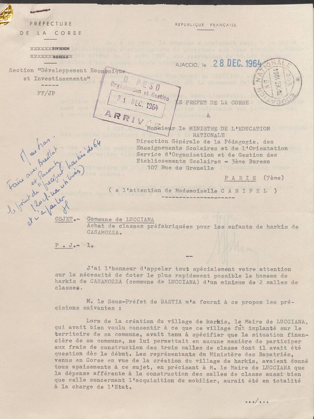 Illustration 9 : lettre du préfet de la Corse au ministère de l’Éducation nationale relative à l’achat de classes préfabriquées pour les enfants de Harkis de Casamozza, 28 décembre 1964 (Archives nationales, 1977074/3) Illustration 9 : lettre du préfet de la Corse au ministère de l’Éducation nationale relative à l’achat de classes préfabriquées pour les enfants de Harkis de Casamozza, 28 décembre 1964 (Archives nationales, 1977074/3)